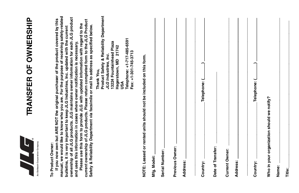 Tr ansf er of owner s hip | JLG 15AMI Operator Manual User Manual | Page 73 / 76