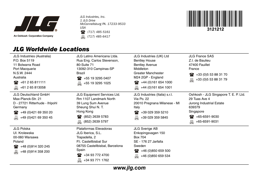 Jlg worldwide locations | JLG 15AMI Operator Manual User Manual | Page 76 / 76