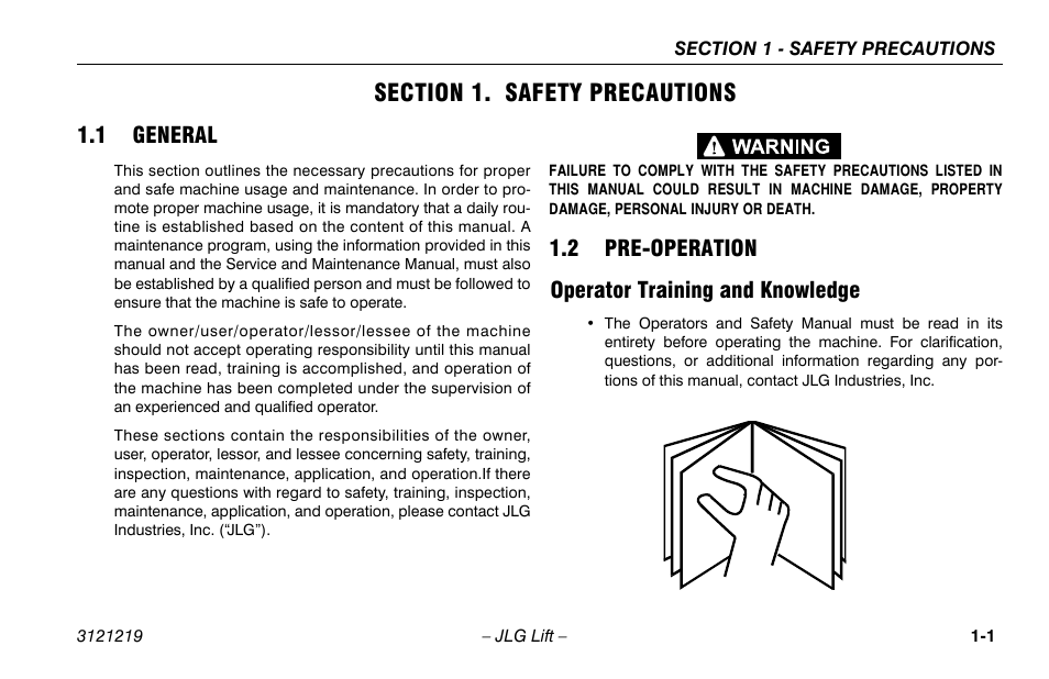 Section 1. safety precautions, 1 general, 2 pre-operation | Operator training and knowledge, Section - 1 - safety precautions, 1 general -1 1.2 pre-operation -1, Operator training and knowledge -1, 2 pre-operation operator training and knowledge | JLG 260MRT Operator Manual User Manual | Page 11 / 84