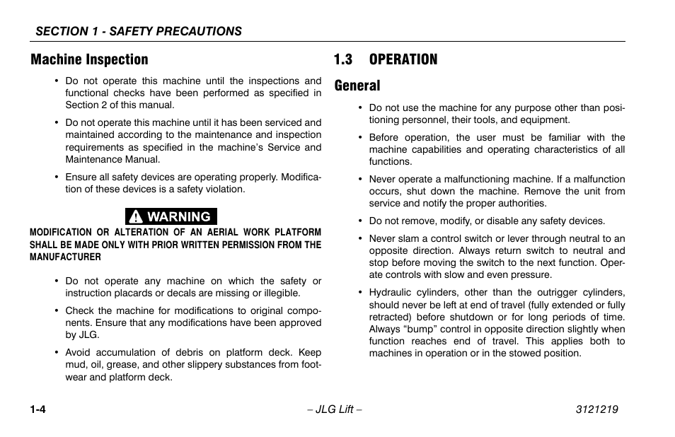 Machine inspection, 3 operation, General | Machine inspection -4, 3 operation -4, General -4, 3 operation general | JLG 260MRT Operator Manual User Manual | Page 14 / 84