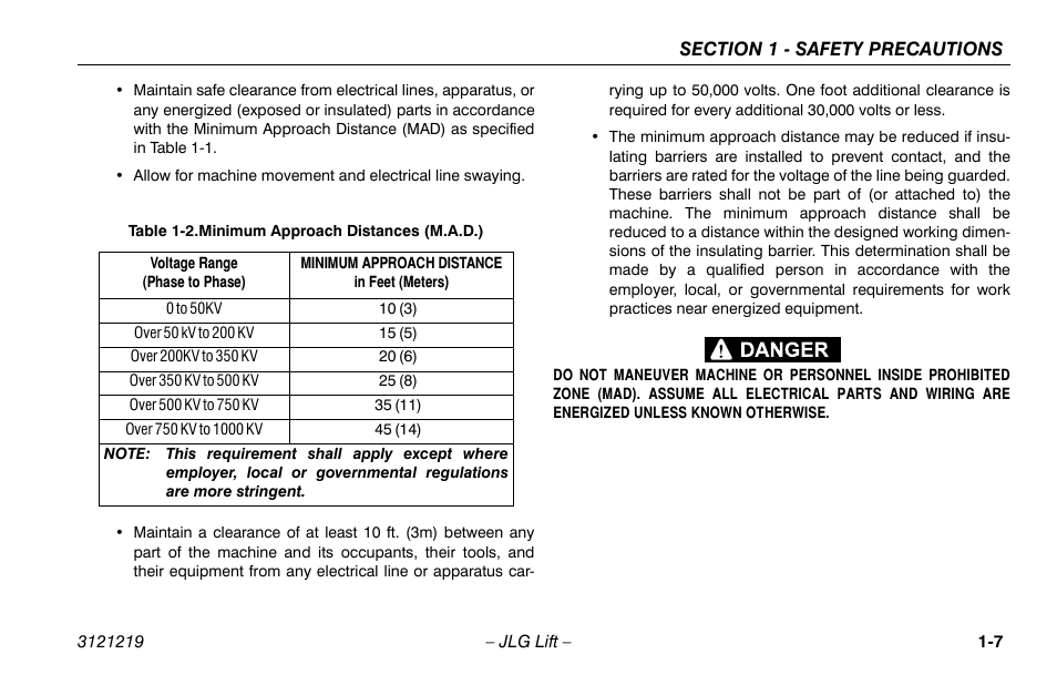 Minimum approach distances (m.a.d.) -7 | JLG 260MRT Operator Manual User Manual | Page 17 / 84