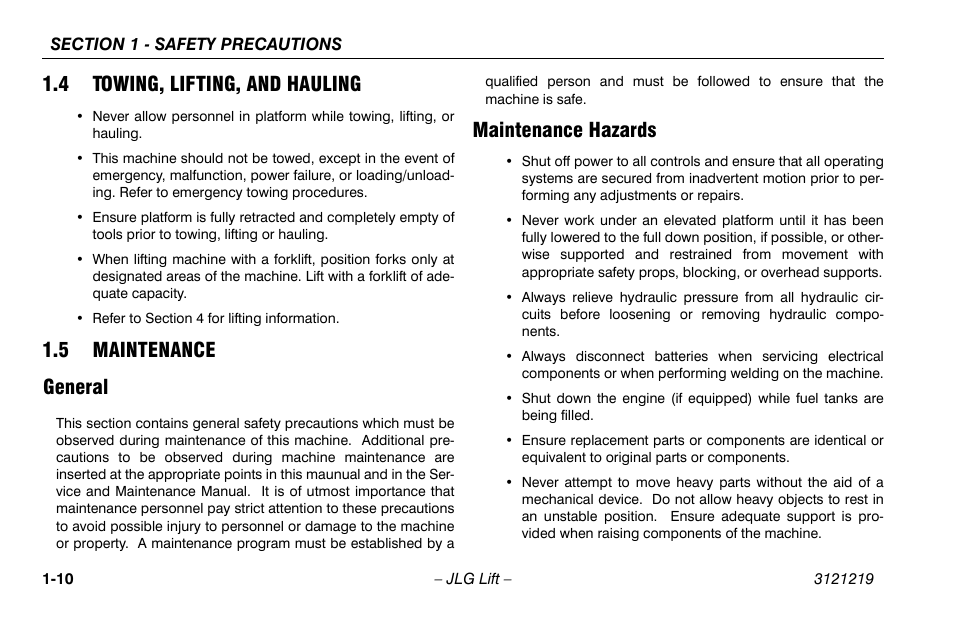 4 towing, lifting, and hauling, 5 maintenance, General | Maintenance hazards, General -10 maintenance hazards -10, 5 maintenance general | JLG 260MRT Operator Manual User Manual | Page 20 / 84