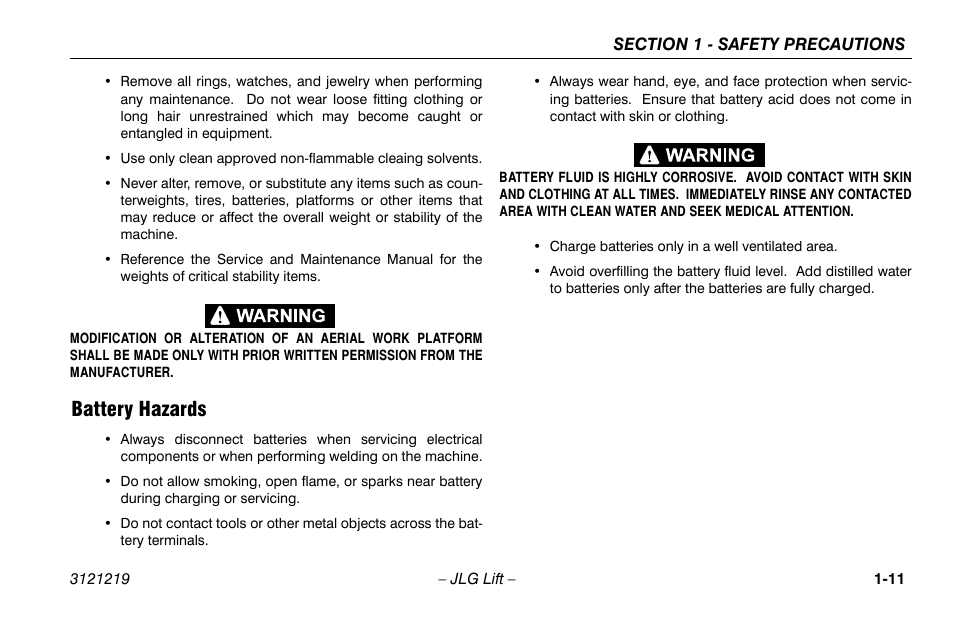 Battery hazards, Battery hazards -11 | JLG 260MRT Operator Manual User Manual | Page 21 / 84