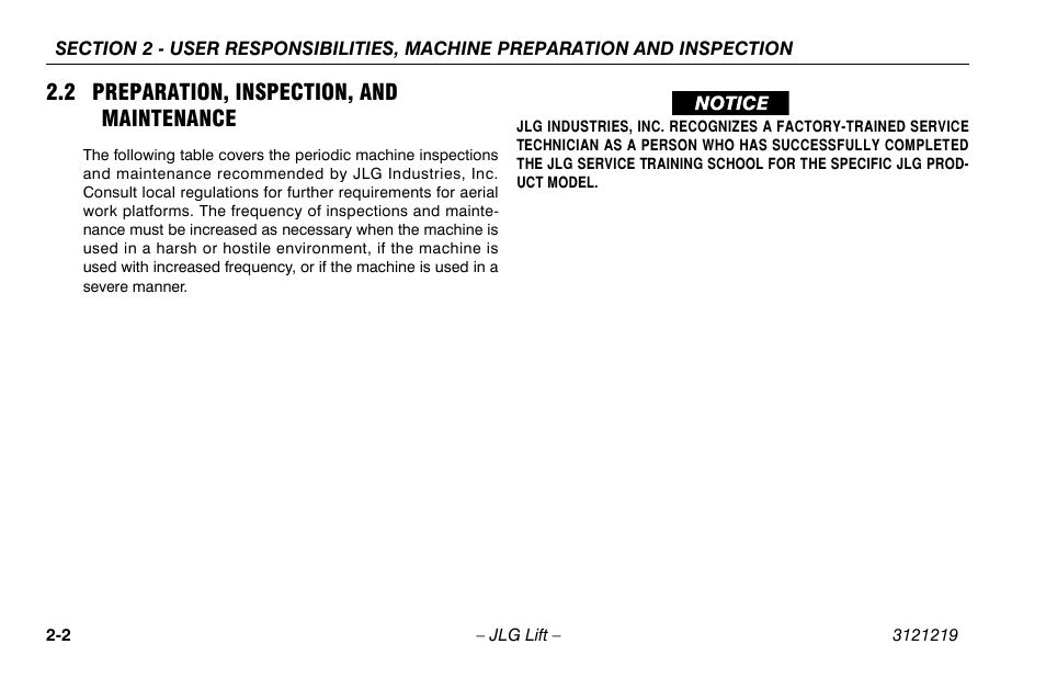 2 preparation, inspection, and maintenance, 2 preparation, inspection, and, Maintenance -2 | JLG 260MRT Operator Manual User Manual | Page 24 / 84