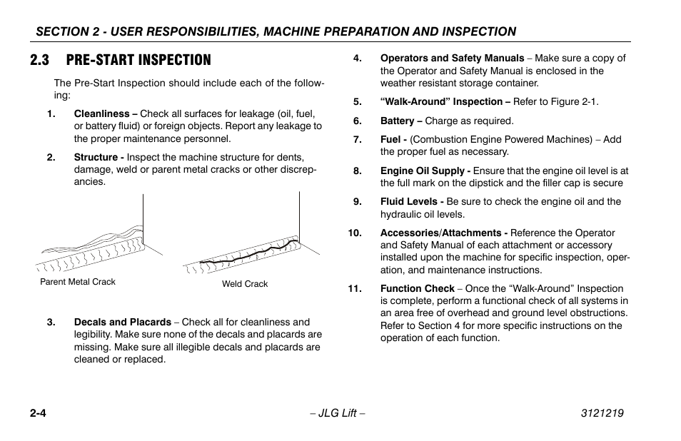 3 pre-start inspection, 3 pre-start inspection -4 | JLG 260MRT Operator Manual User Manual | Page 26 / 84