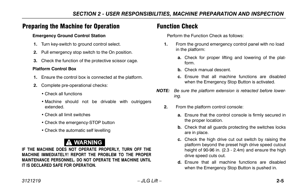 Preparing the machine for operation, Function check | JLG 260MRT Operator Manual User Manual | Page 27 / 84