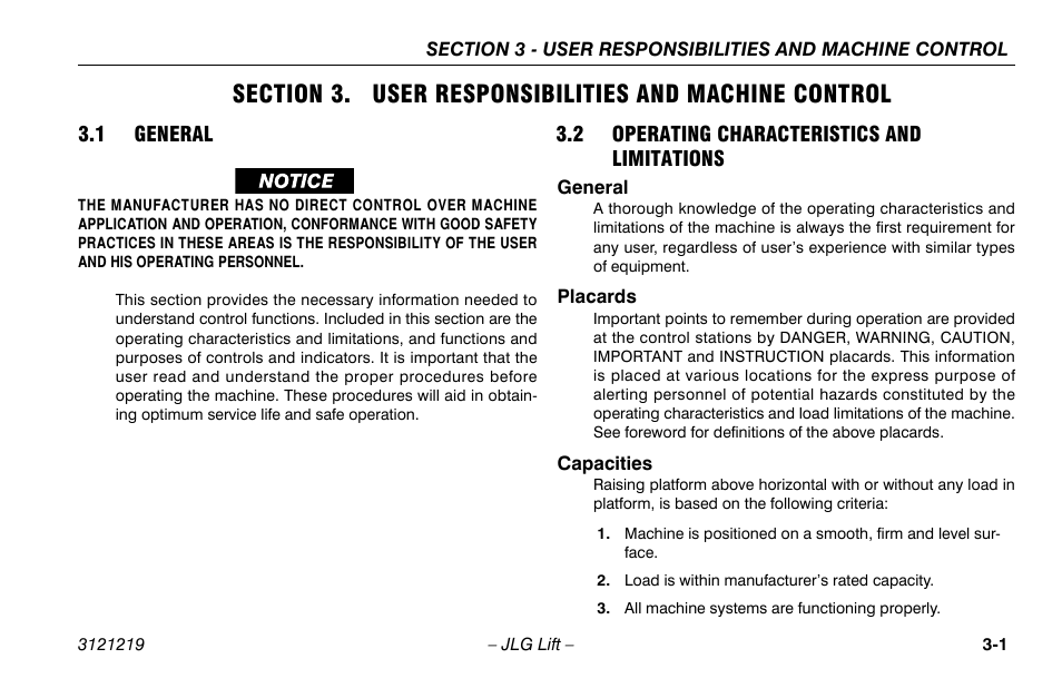 1 general, 2 operating characteristics and limitations, General | Placards, Capacities, 1 general -1 3.2 operating characteristics and, Limitations -1, General -1 placards -1 capacities -1 | JLG 260MRT Operator Manual User Manual | Page 33 / 84