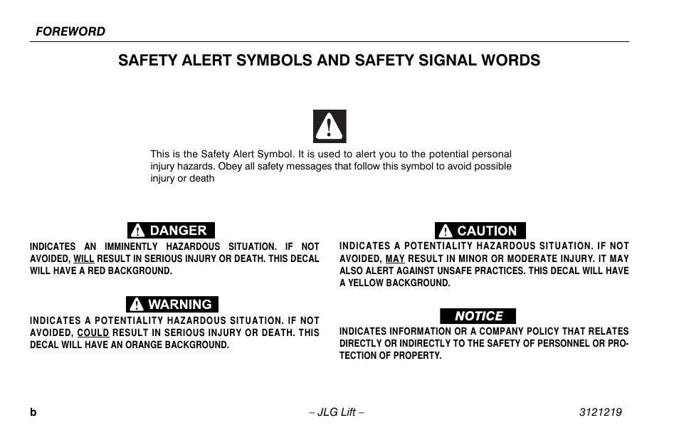 Safety alert symbols and safety signal words | JLG 260MRT Operator Manual User Manual | Page 4 / 84