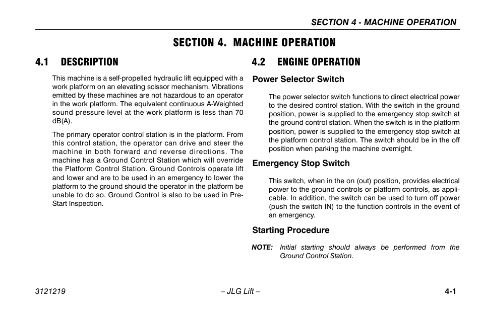 Section 4. machine operation, 1 description, 2 engine operation | Power selector switch, Emergency stop switch, Starting procedure, Section - 4 - machine operation, 1 description -1 4.2 engine operation -1, Power selector switch -1, Emergency stop switch -1 starting procedure -1 | JLG 260MRT Operator Manual User Manual | Page 51 / 84