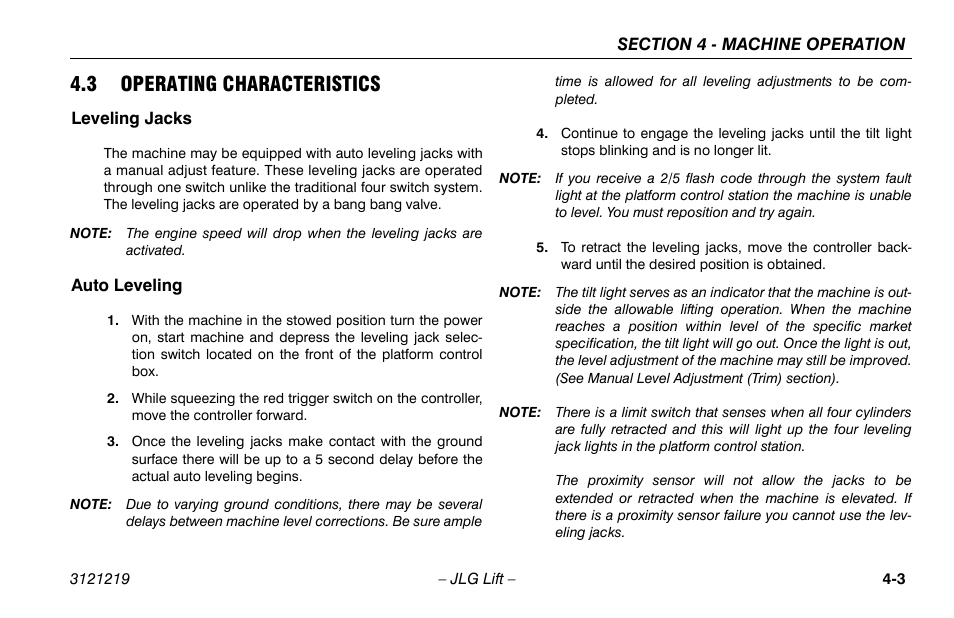 3 operating characteristics, Leveling jacks, Auto leveling | 3 operating characteristics -3, Leveling jacks -3 auto leveling -3 | JLG 260MRT Operator Manual User Manual | Page 53 / 84