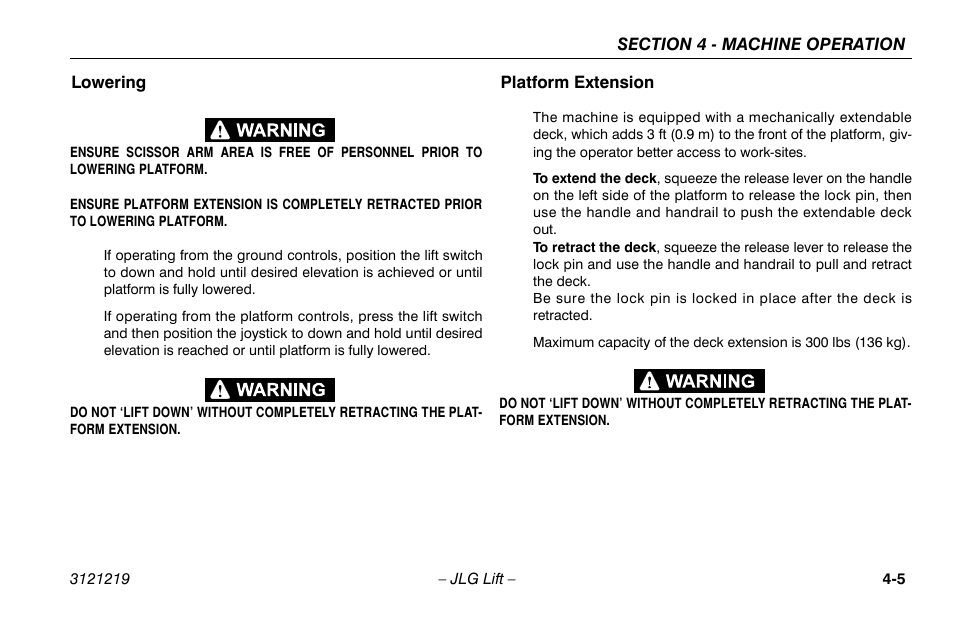 Lowering, Platform extension, Lowering -5 platform extension -5 | JLG 260MRT Operator Manual User Manual | Page 55 / 84