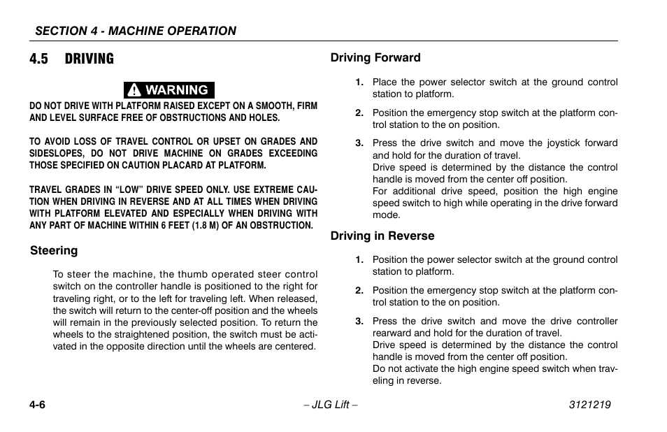 5 driving, Steering, Driving forward | Driving in reverse, 5 driving -6 | JLG 260MRT Operator Manual User Manual | Page 56 / 84
