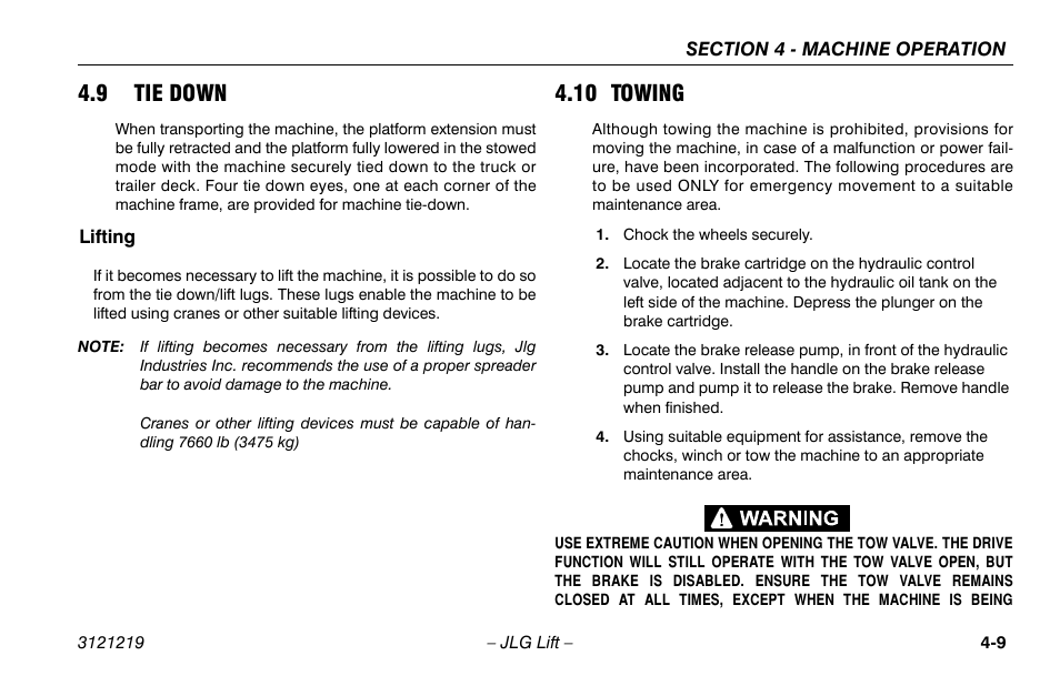 9 tie down, Lifting, 10 towing | 9 tie down -9, Lifting -9, 10 towing -9 | JLG 260MRT Operator Manual User Manual | Page 59 / 84