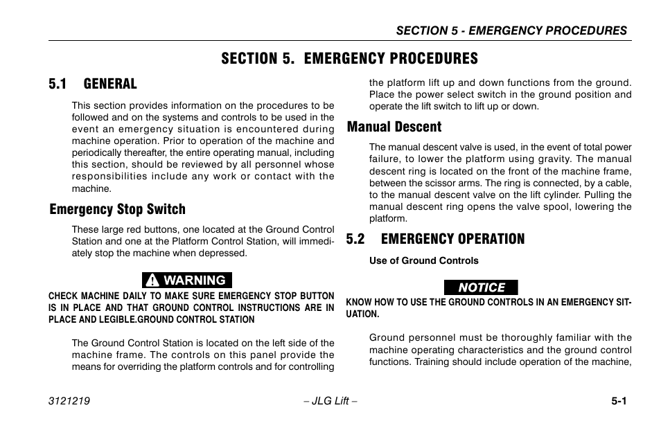 Section 5. emergency procedures, 1 general, Emergency stop switch | Manual descent, 2 emergency operation, Section - 5 - emergency procedures, 1 general -1, Emergency stop switch -1 manual descent -1, 2 emergency operation -1 | JLG 260MRT Operator Manual User Manual | Page 63 / 84