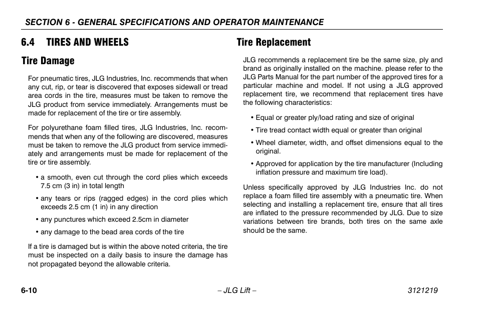 4 tires and wheels, Tire damage, Tire replacement | 4 tires and wheels -10, Tire damage -10 tire replacement -10, 4 tires and wheels tire damage | JLG 260MRT Operator Manual User Manual | Page 76 / 84