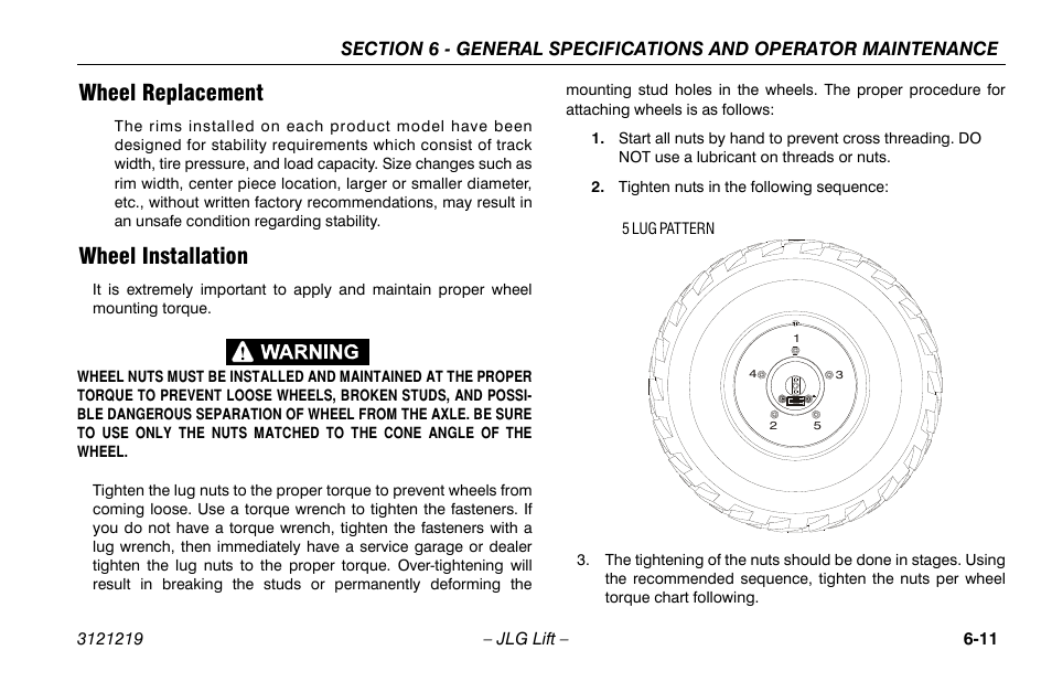 Wheel replacement, Wheel installation, Wheel replacement -11 wheel installation -11 | JLG 260MRT Operator Manual User Manual | Page 77 / 84