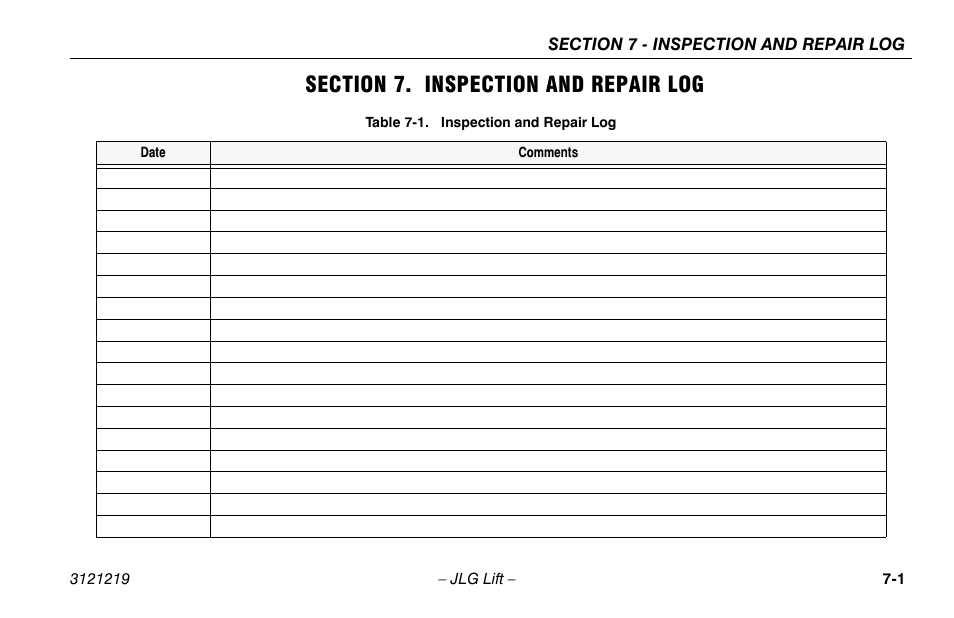 Section 7. inspection and repair log, Section - 7 - inspection and repair log, Inspection and repair log -1 | JLG 260MRT Operator Manual User Manual | Page 79 / 84