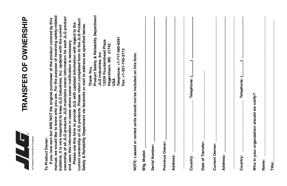 Tr ansf er of owner s hip | JLG 260MRT Operator Manual User Manual | Page 81 / 84
