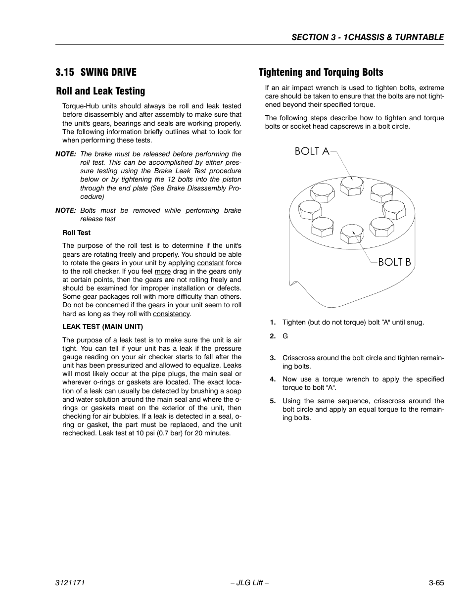 15 swing drive, Roll and leak testing, Tightening and torquing bolts | Swing drive -65, 15 swing drive roll and leak testing | JLG 1250AJP Service Manual User Manual | Page 113 / 606