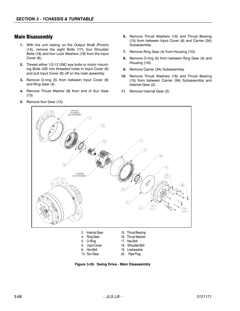 Main disassembly, Main disassembly -68, Swing drive - main disassembly -68 | JLG 1250AJP Service Manual User Manual | Page 116 / 606