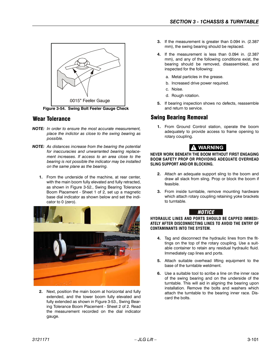 Wear tolerance, Swing bearing removal, Wear tolerance -101 swing bearing removal -101 | Swing bolt feeler gauge check -101, Dicated on figure 3-54 | JLG 1250AJP Service Manual User Manual | Page 149 / 606