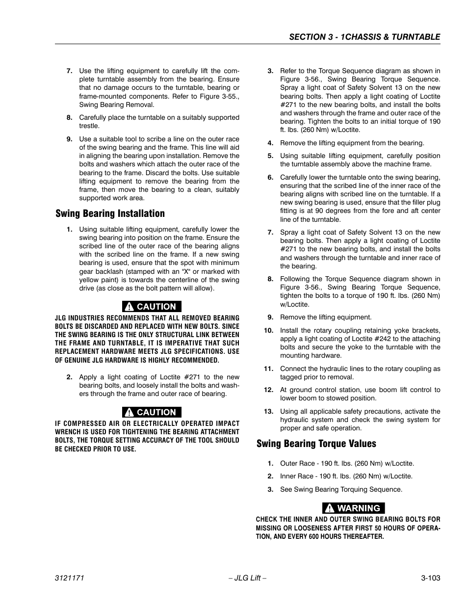 Swing bearing installation, Swing bearing torque values | JLG 1250AJP Service Manual User Manual | Page 151 / 606