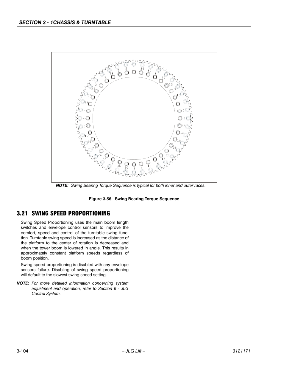 21 swing speed proportioning, Swing speed proportioning -104, Swing bearing torque sequence -104 | JLG 1250AJP Service Manual User Manual | Page 152 / 606