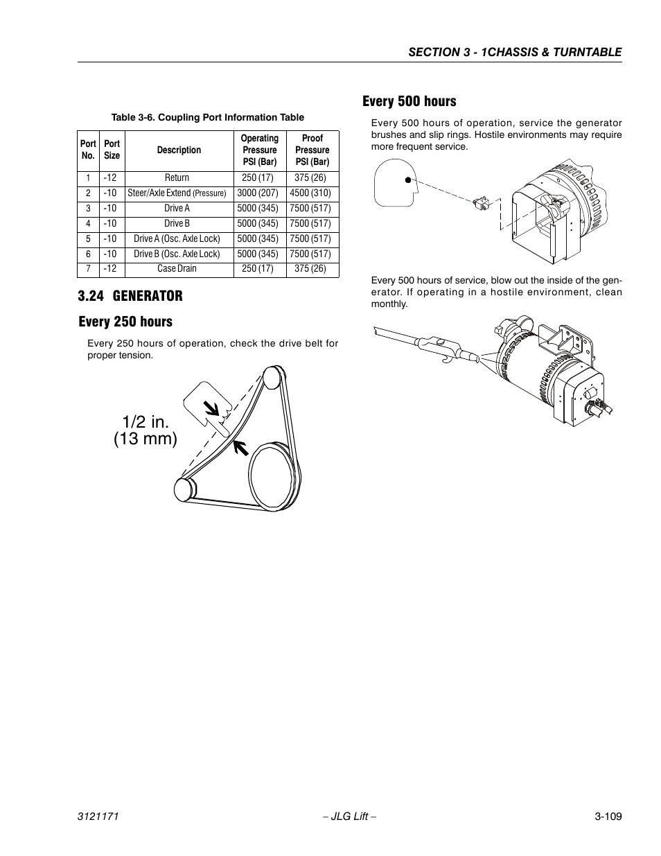 24 generator, Every 250 hours, Every 500 hours | Generator -109, Every 250 hours -109 every 500 hours -109, Coupling port information table -109, 1/2 in. (13 mm) | JLG 1250AJP Service Manual User Manual | Page 157 / 606