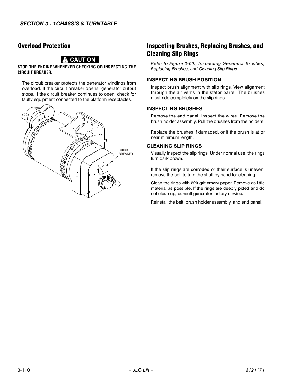 Overload protection, Inspecting brush position, Inspecting brushes | Cleaning slip rings | JLG 1250AJP Service Manual User Manual | Page 158 / 606