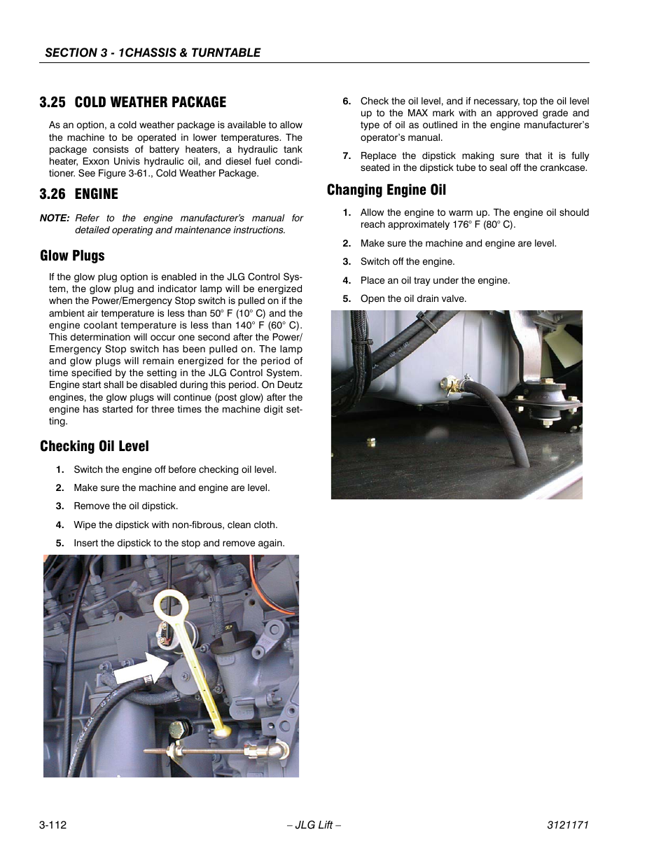 25 cold weather package, 26 engine, Glow plugs | Checking oil level, Changing engine oil, Cold weather package -112, Engine -112 | JLG 1250AJP Service Manual User Manual | Page 160 / 606