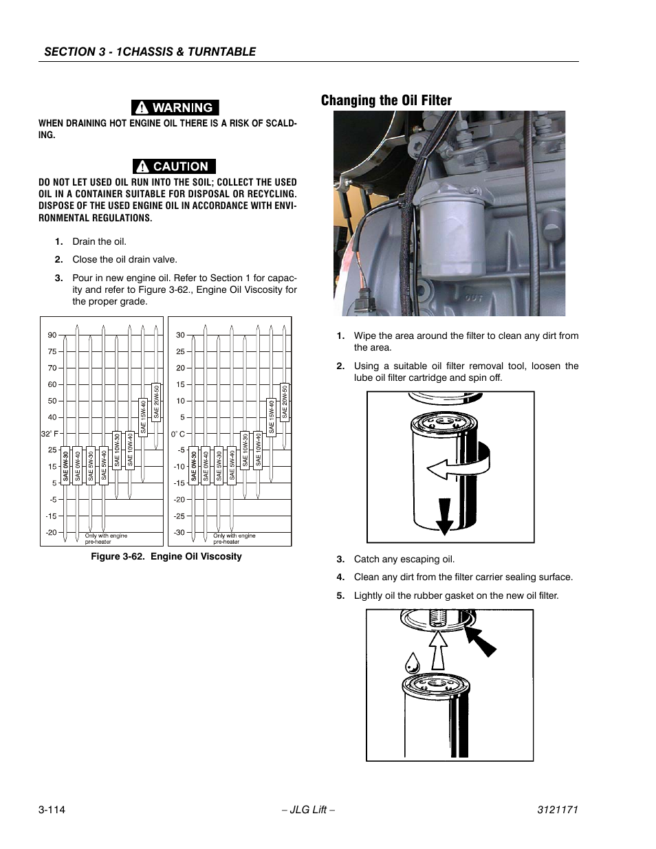 Changing the oil filter, Changing the oil filter -114, Engine oil viscosity -114 | JLG 1250AJP Service Manual User Manual | Page 162 / 606