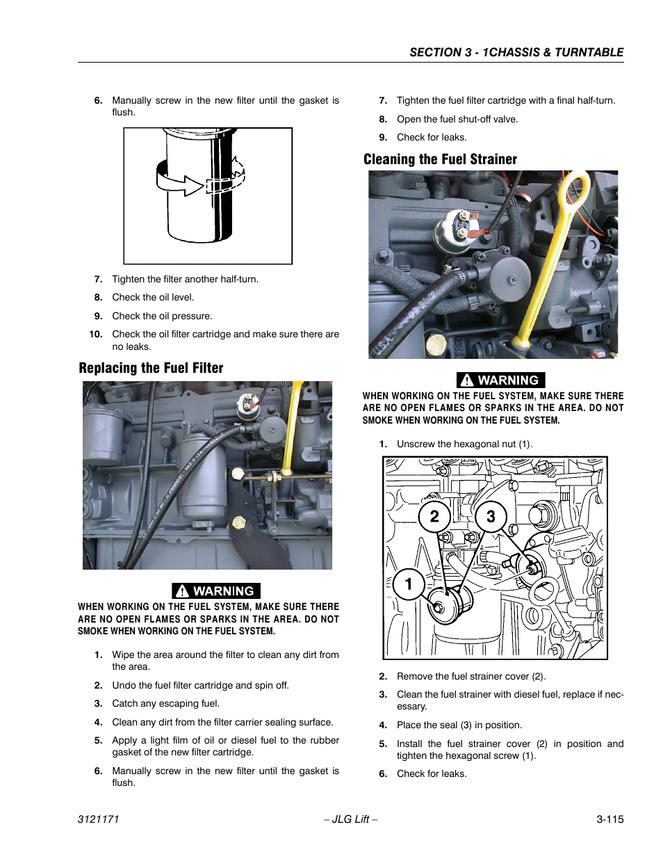 Replacing the fuel filter, Cleaning the fuel strainer | JLG 1250AJP Service Manual User Manual | Page 163 / 606