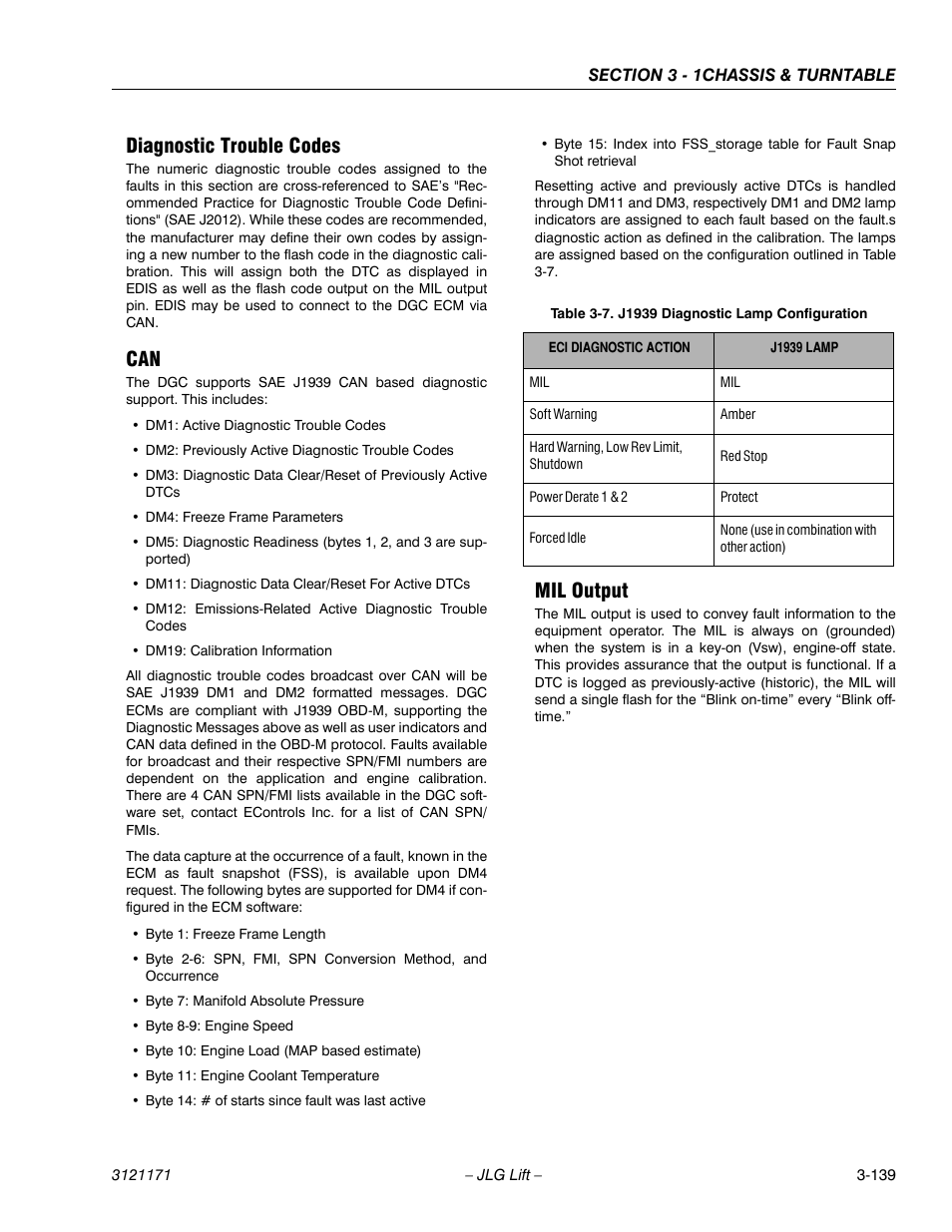 Diagnostic trouble codes, Mil output, J1939 diagnostic lamp configuration -139 | JLG 1250AJP Service Manual User Manual | Page 187 / 606
