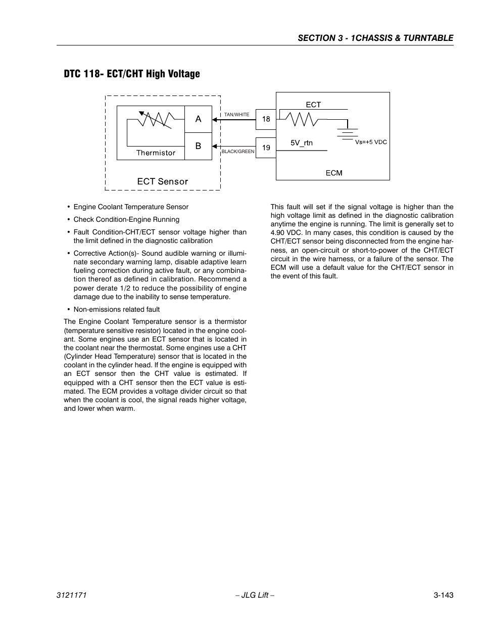 Dtc 118- ect/cht high voltage, Dtc 118- ect/cht high voltage -143 | JLG 1250AJP Service Manual User Manual | Page 191 / 606
