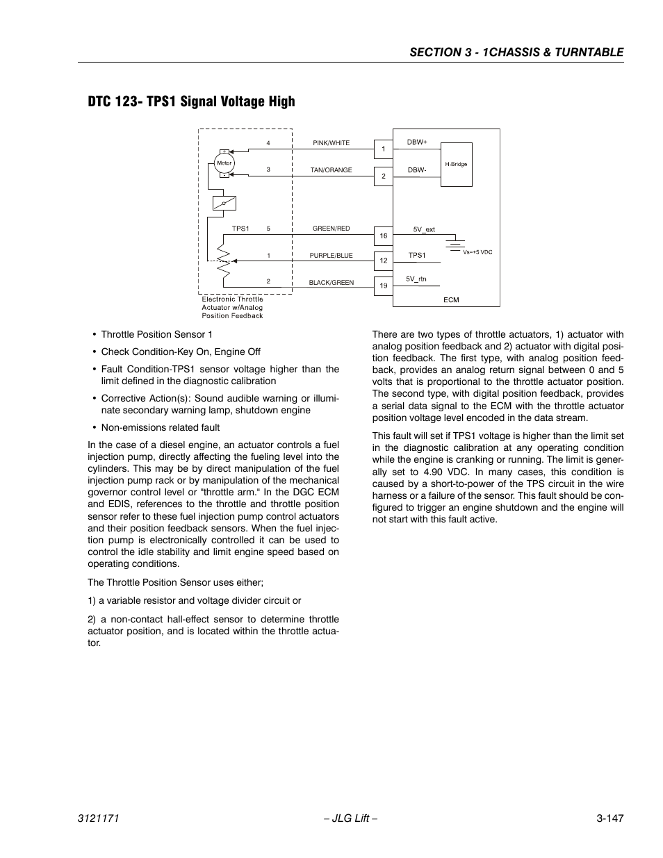 Dtc 123- tps1 signal voltage high, Dtc 123- tps1 signal voltage high -147 | JLG 1250AJP Service Manual User Manual | Page 195 / 606