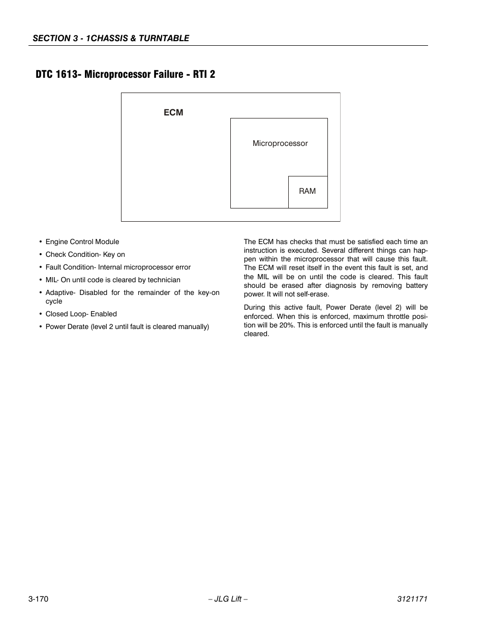 Dtc 1613- microprocessor failure - rti 2, Dtc 1613- microprocessor failure - rti 2 -170 | JLG 1250AJP Service Manual User Manual | Page 218 / 606