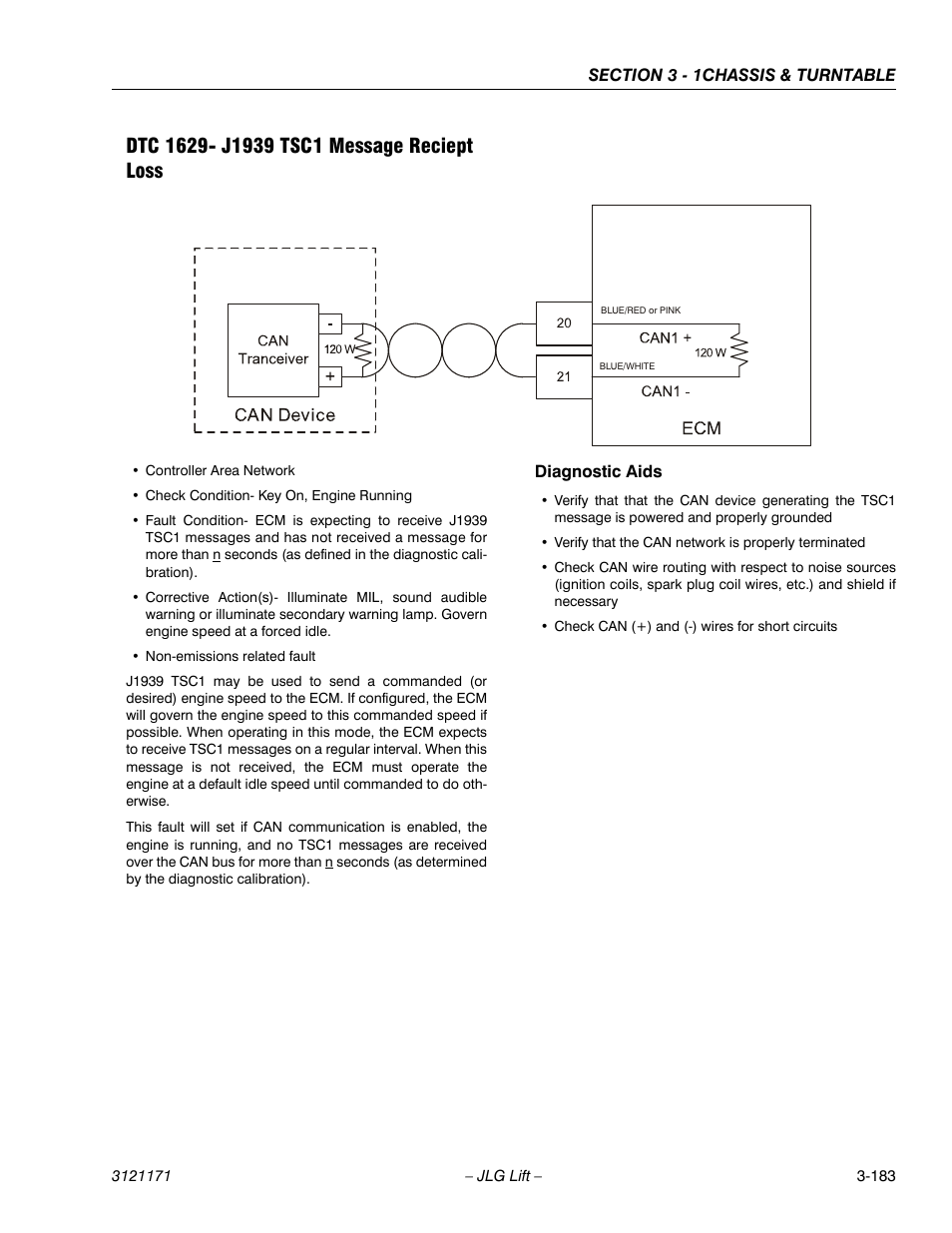 Dtc 1629- j1939 tsc1 message reciept loss, Dtc 1629- j1939 tsc1 message reciept loss -183 | JLG 1250AJP Service Manual User Manual | Page 231 / 606