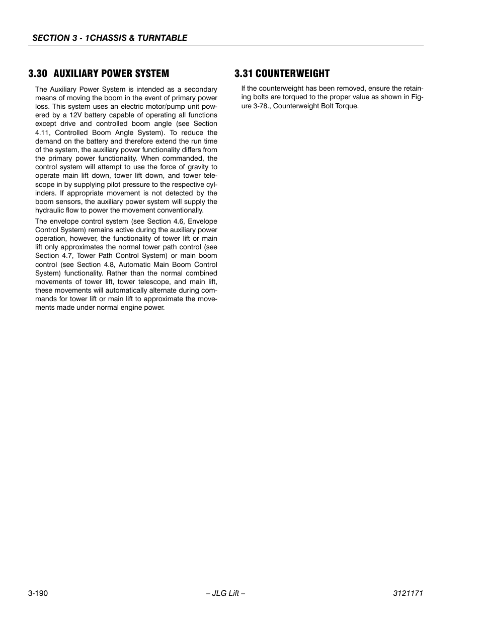30 auxiliary power system, 31 counterweight, Auxiliary power system -190 | Counterweight -190 | JLG 1250AJP Service Manual User Manual | Page 238 / 606