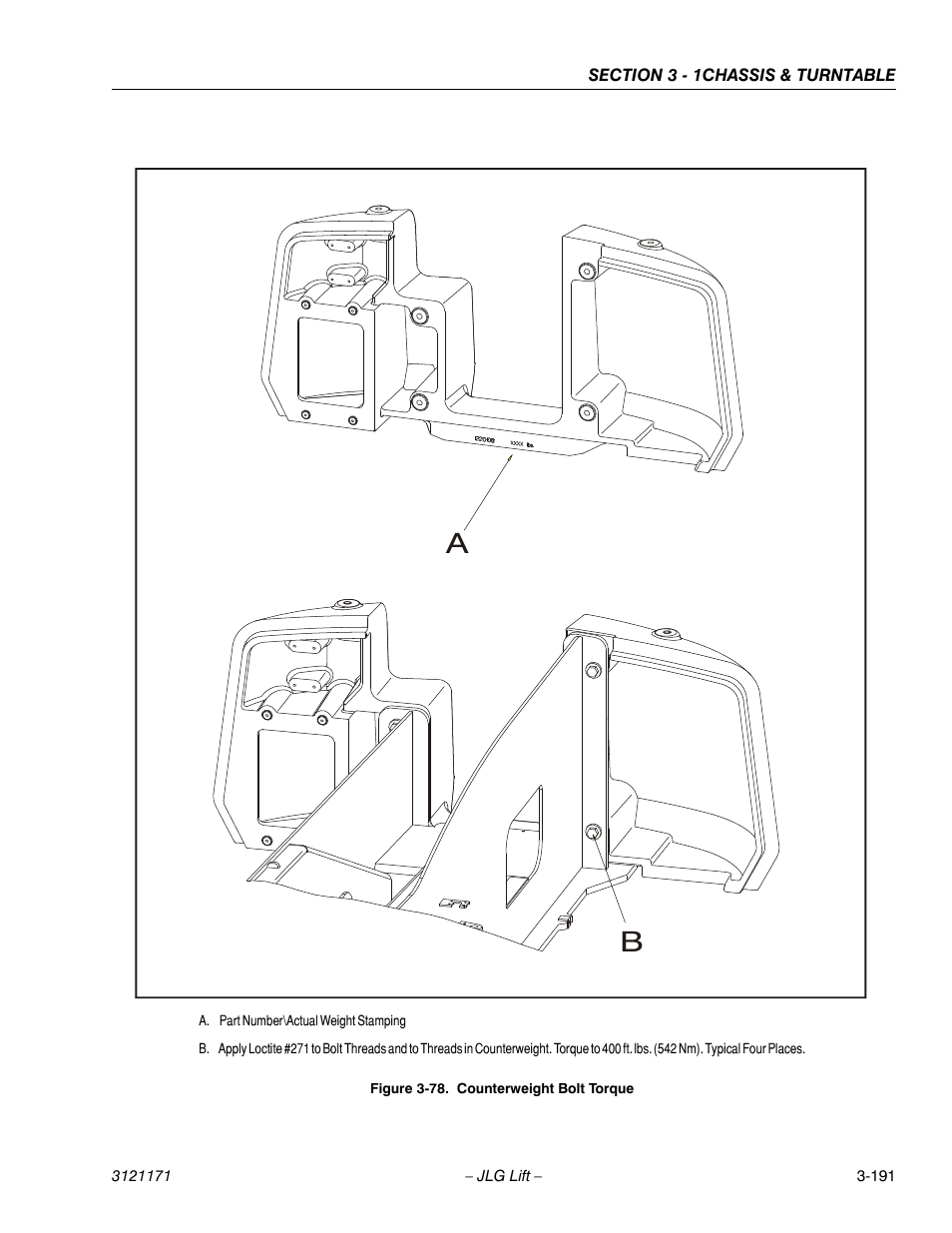 Counterweight bolt torque -191, Own in fig- ure 3-78., counterweight bolt torque | JLG 1250AJP Service Manual User Manual | Page 239 / 606