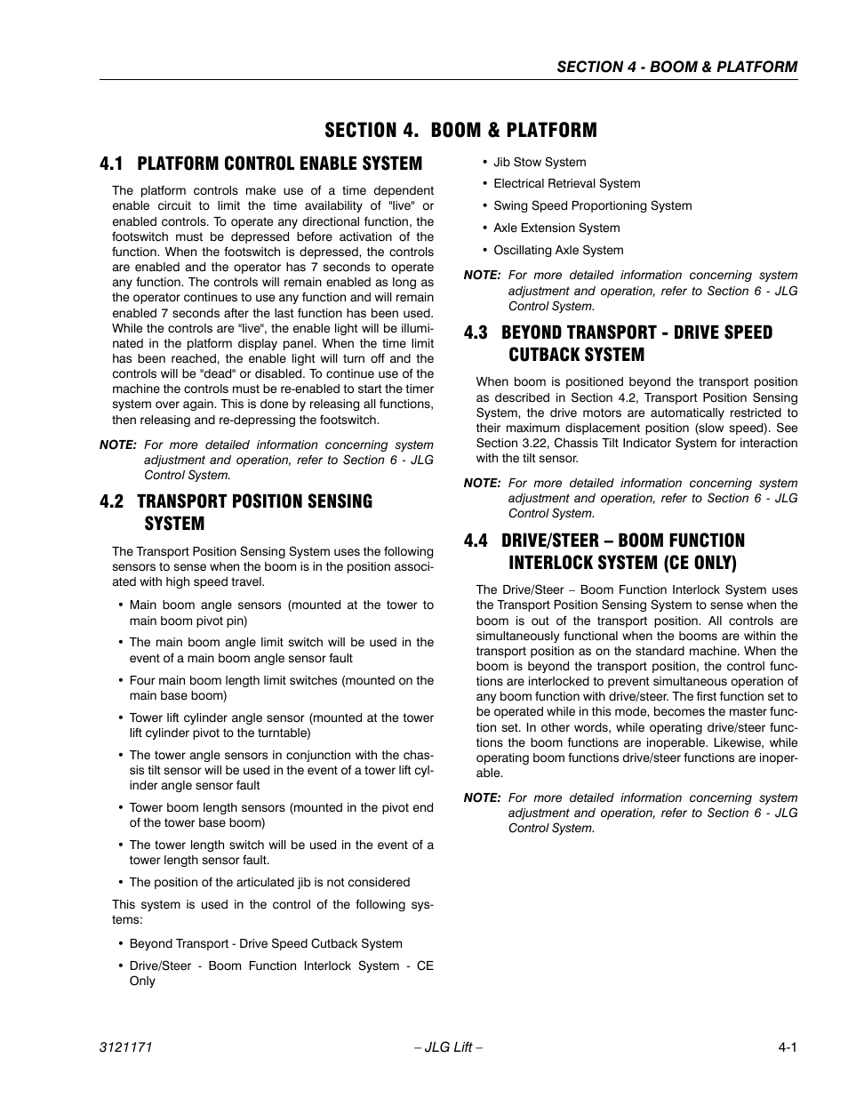 Section 4. boom & platform, 1 platform control enable system, 2 transport position sensing system | 3 beyond transport - drive speed cutback system, Section 4 - boom & platform, Platform control enable system -1, Transport position sensing system -1, Beyond transport - drive speed cutback system -1 | JLG 1250AJP Service Manual User Manual | Page 241 / 606