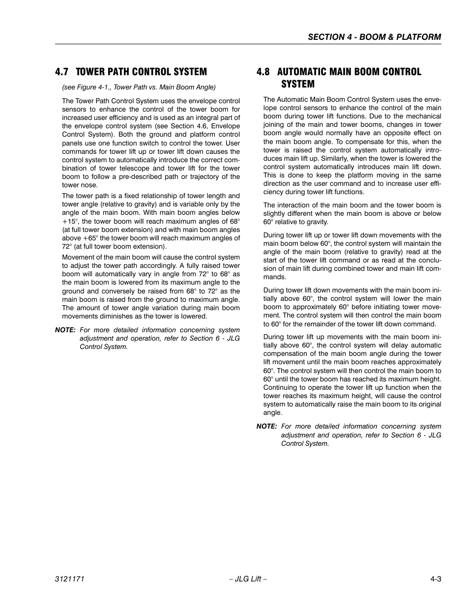 7 tower path control system, 8 automatic main boom control system, Tower path control system -3 | Automatic main boom control system -3, Section 4.7, tower path control system) or, Section 4.7, tower path control system) | JLG 1250AJP Service Manual User Manual | Page 243 / 606