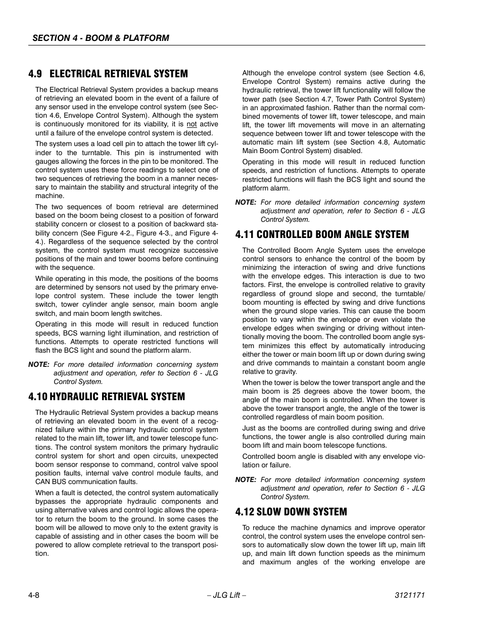 9 electrical retrieval system, 10 hydraulic retrieval system, 11 controlled boom angle system | 12 slow down system, Electrical retrieval system -8, Hydraulic retrieval system -8, Controlled boom angle system -8, Slow down system -8, See section 4.9, electrical retrieval system), Section 4.9, electrical retrieval system) | JLG 1250AJP Service Manual User Manual | Page 248 / 606