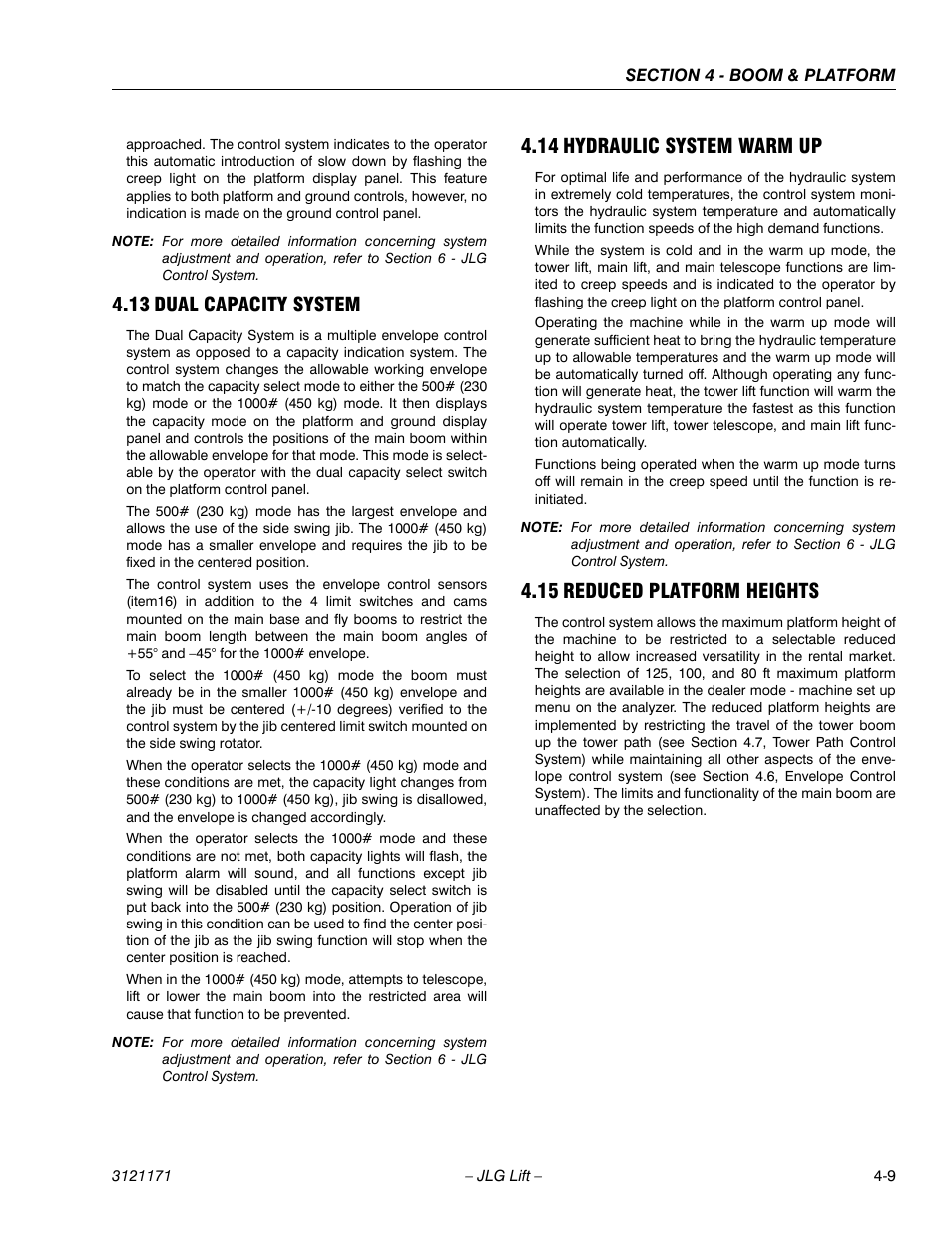 13 dual capacity system, 14 hydraulic system warm up, 15 reduced platform heights | Dual capacity system -9, Hydraulic system warm up -9, Reduced platform heights -9, Ee section 4.13, dual capacity sys- tem) | JLG 1250AJP Service Manual User Manual | Page 249 / 606