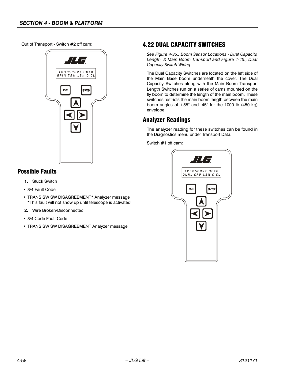 Possible faults, 22 dual capacity switches, Analyzer readings | Possible faults -58, Dual capacity switches -58, Analyzer readings -58 | JLG 1250AJP Service Manual User Manual | Page 298 / 606