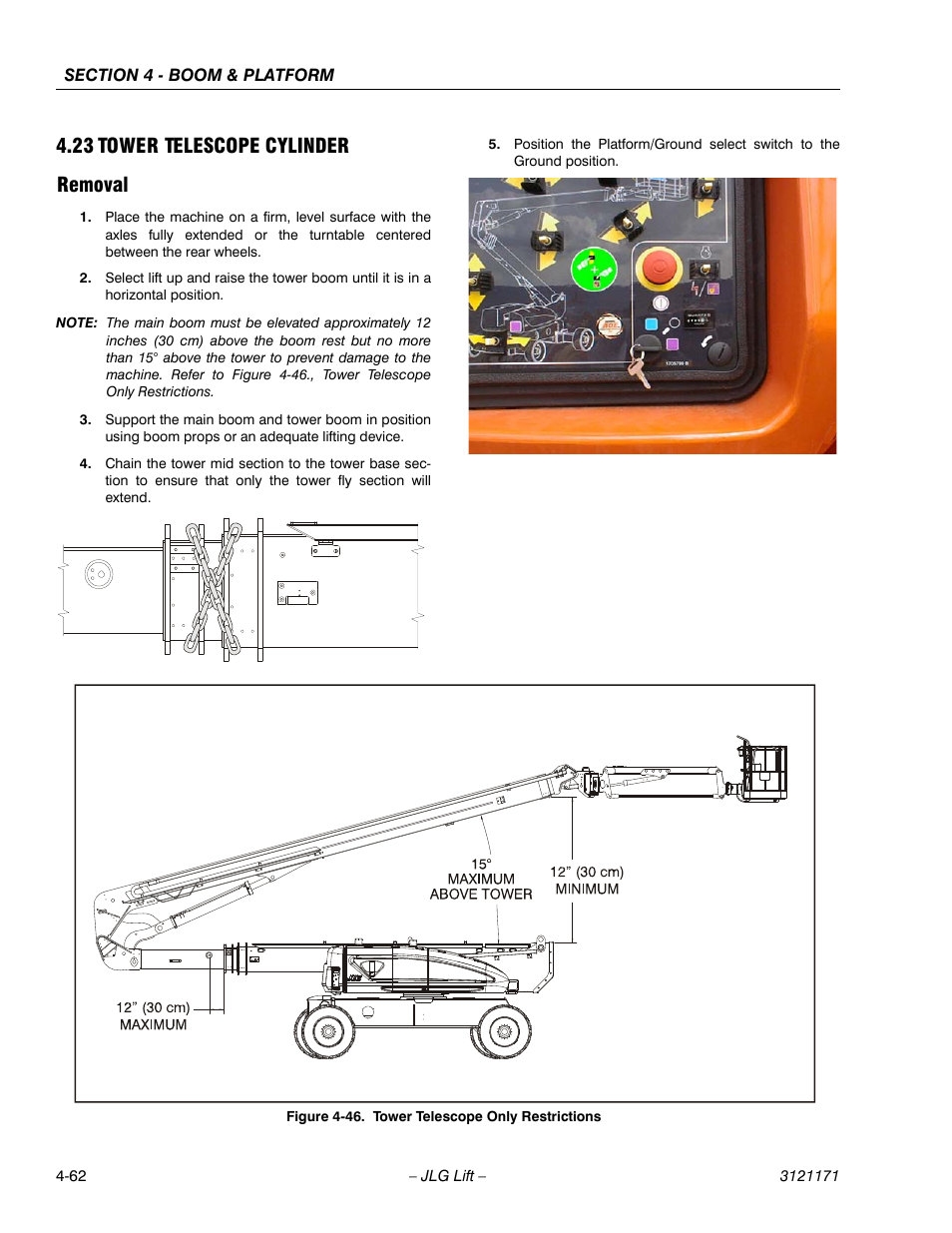 23 tower telescope cylinder, Removal, Tower telescope cylinder -62 | Removal -62, Tower telescope only restrictions -62, 23 tower telescope cylinder removal | JLG 1250AJP Service Manual User Manual | Page 302 / 606