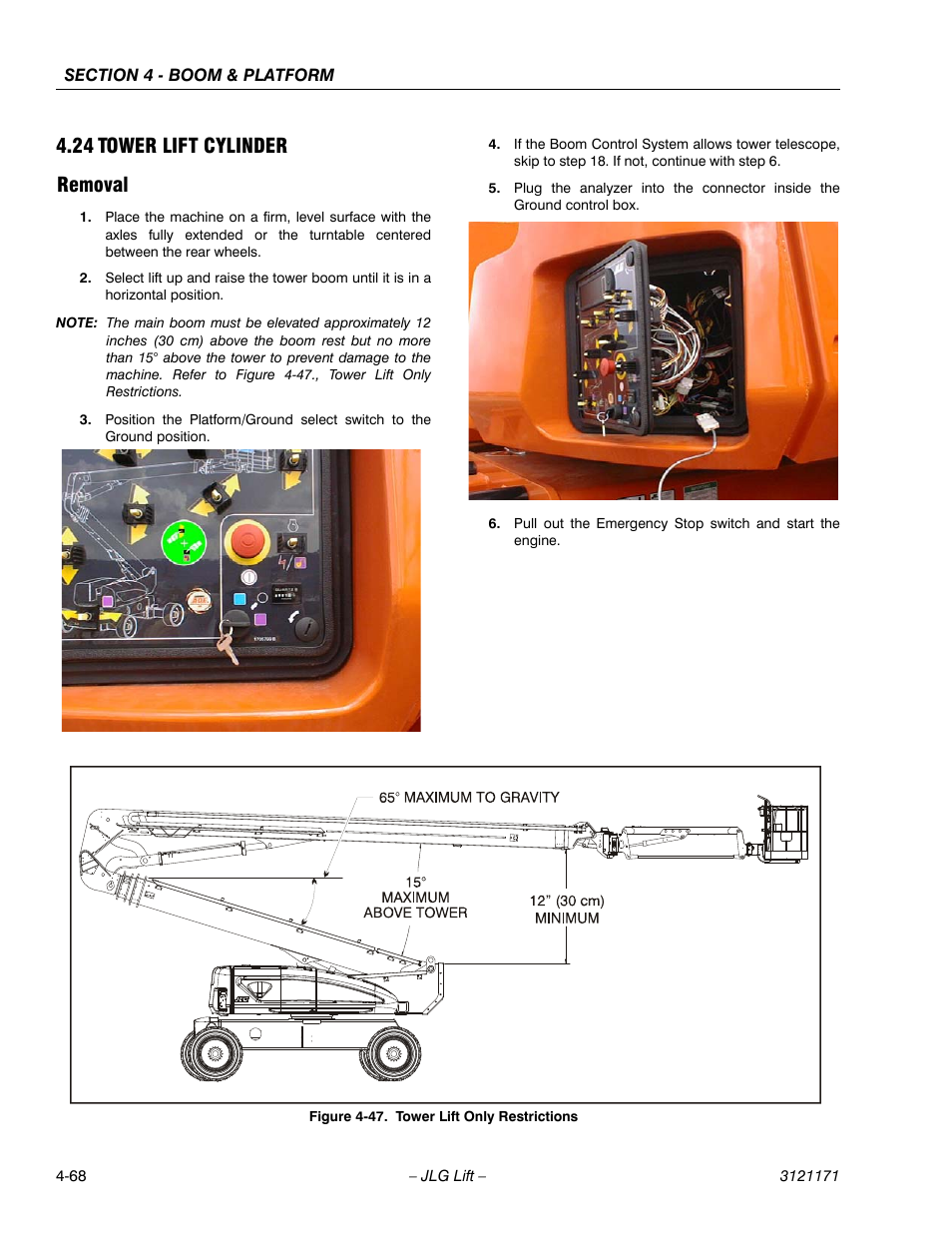 24 tower lift cylinder, Removal, Tower lift cylinder -68 | Removal -68, Tower lift only restrictions -68, 24 tower lift cylinder removal | JLG 1250AJP Service Manual User Manual | Page 308 / 606