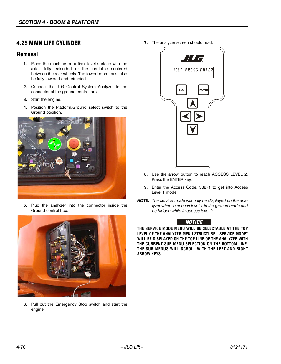 25 main lift cylinder, Removal, Main lift cylinder -76 | Removal -76, 25 main lift cylinder removal | JLG 1250AJP Service Manual User Manual | Page 316 / 606