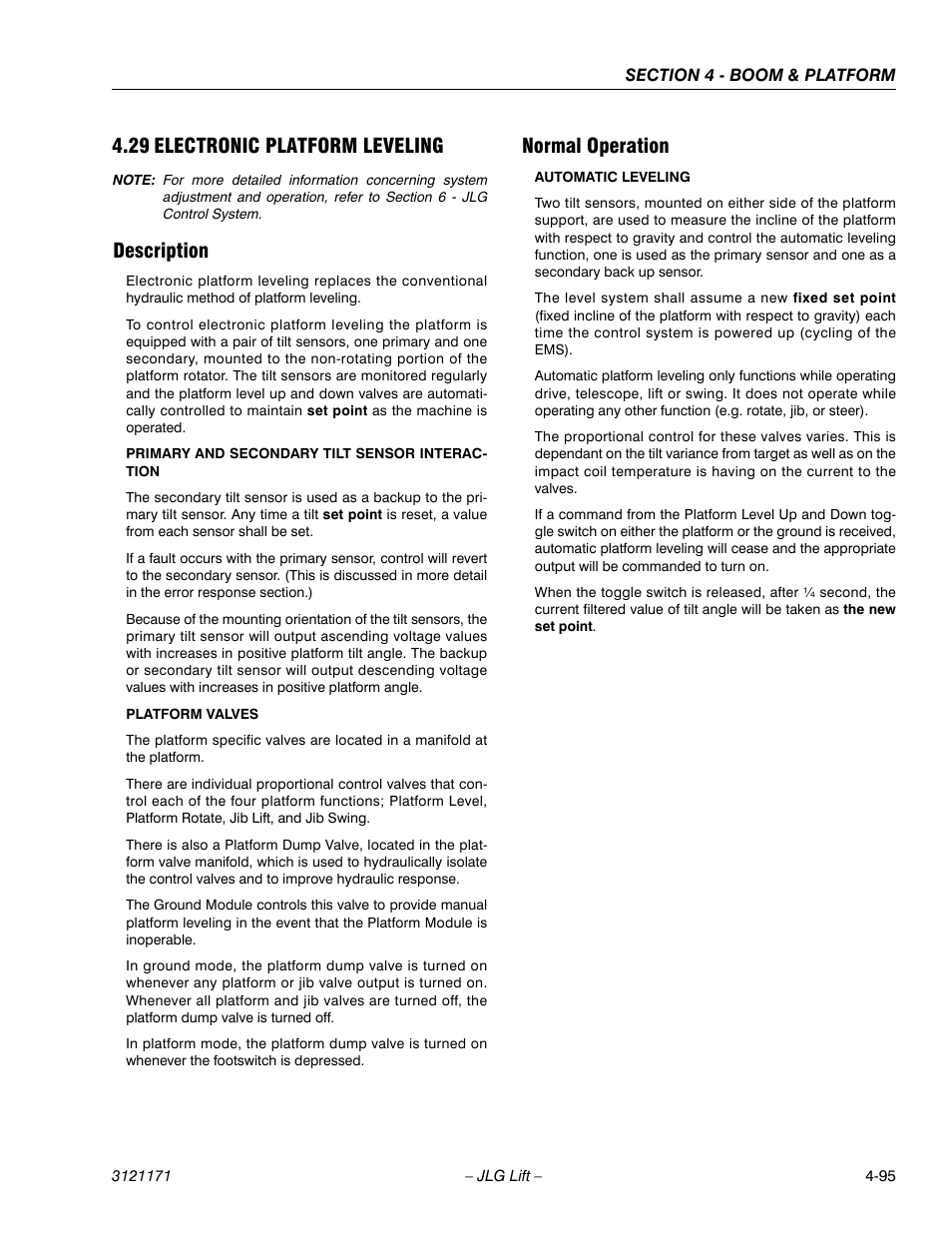 29 electronic platform leveling, Description, Normal operation | Electronic platform leveling -95, Description -95 normal operation -95 | JLG 1250AJP Service Manual User Manual | Page 335 / 606