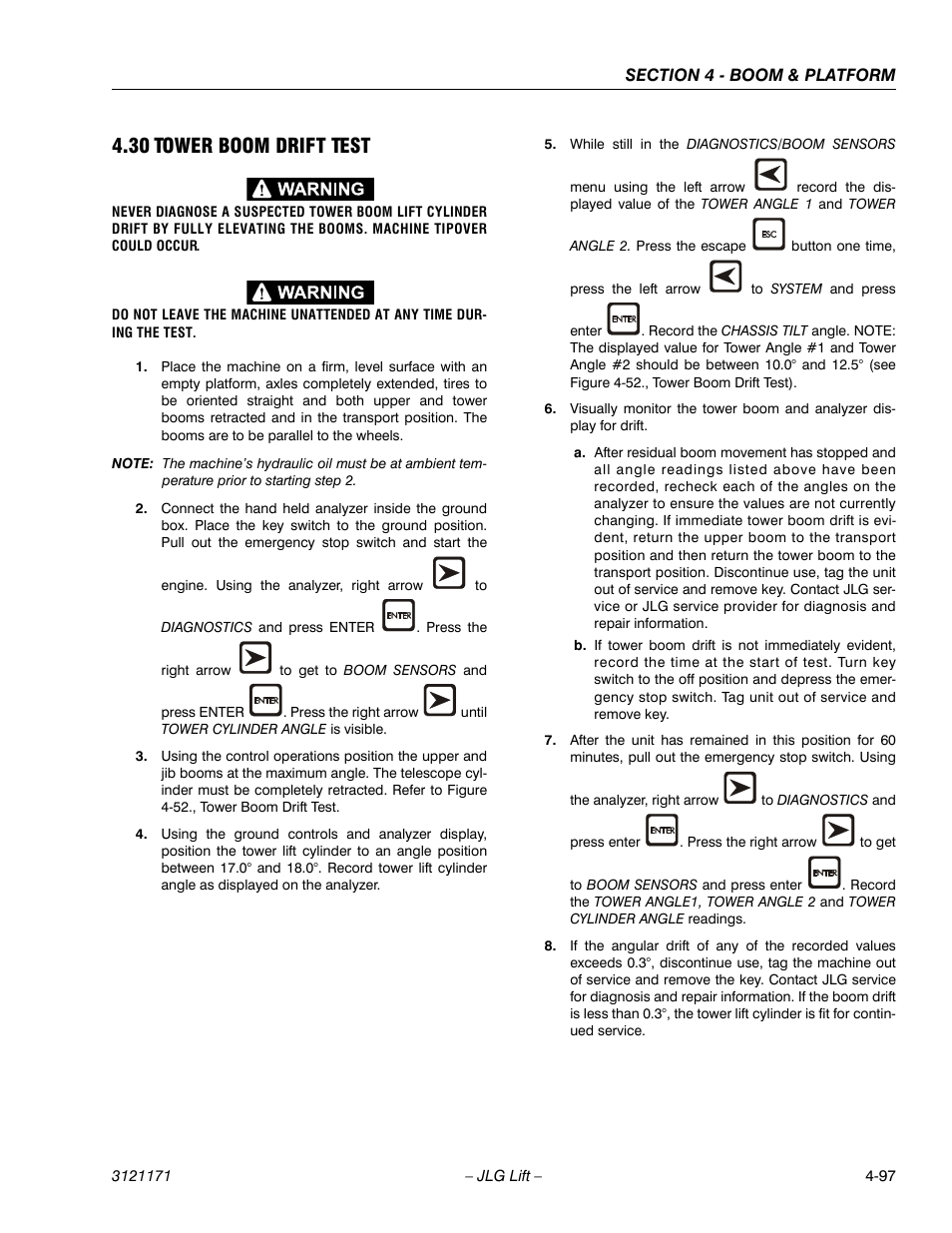 30 tower boom drift test, Tower boom drift test -97 | JLG 1250AJP Service Manual User Manual | Page 337 / 606