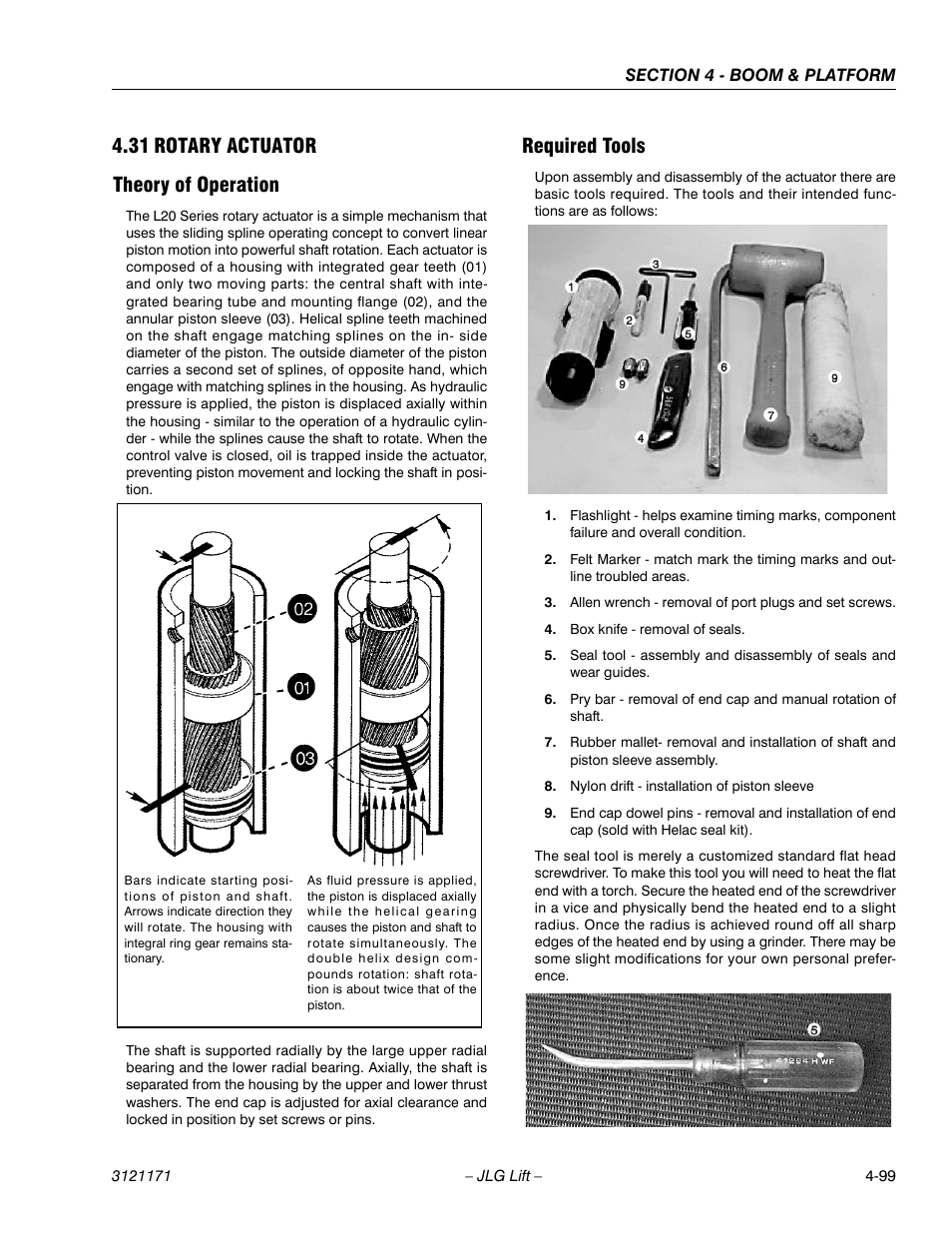 31 rotary actuator, Theory of operation, Required tools | Rotary actuator -99, Theory of operation -99 required tools -99, 31 rotary actuator theory of operation | JLG 1250AJP Service Manual User Manual | Page 339 / 606